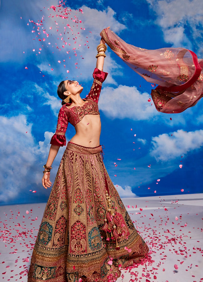 Rich Red Aari Embroidered Bridal Lehenga